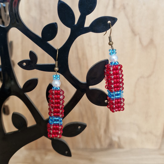 Red-blue spatial / long small pearl earrings (DAMI 32)