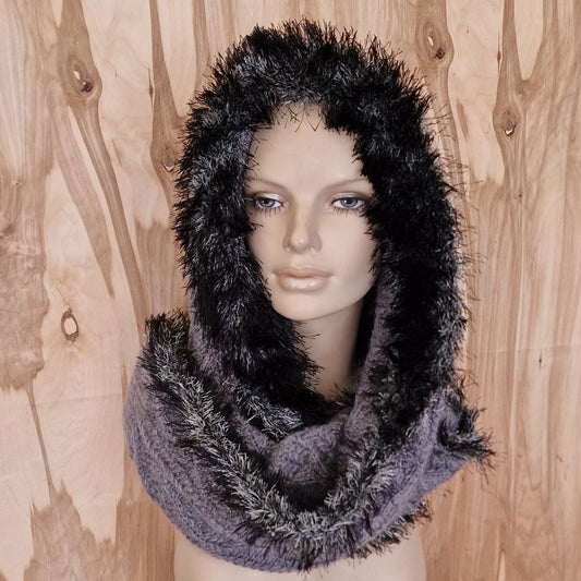 Hand Knitted Gray Black Hooded Scarf (MY 12)