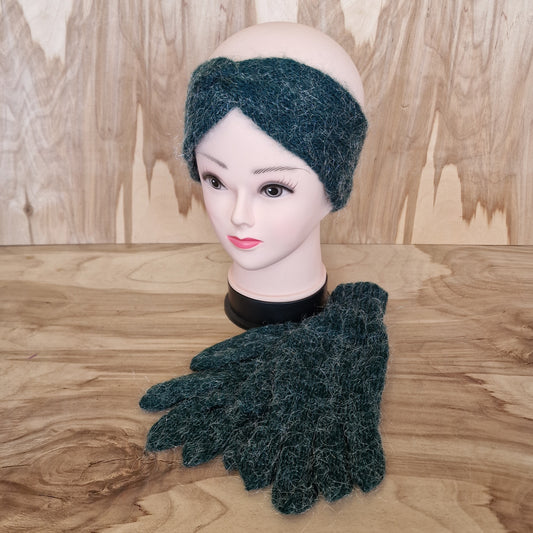 Hand-knitted set - headband and gloves in green with silver strands (MY 13)