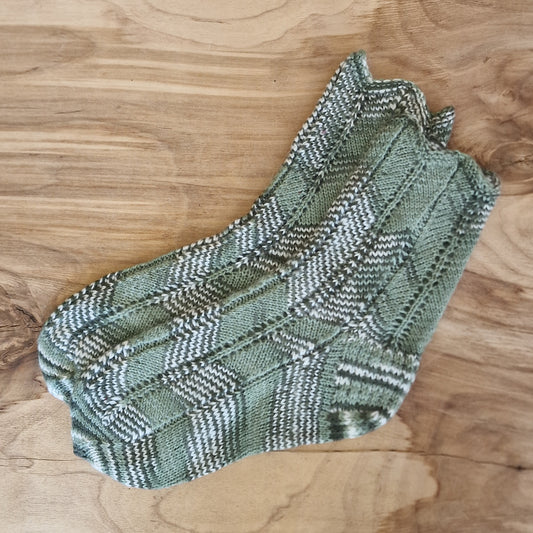 Hand-knitted greenish-white warm socks, size 37-3. with "hollow seam" (MY 15)