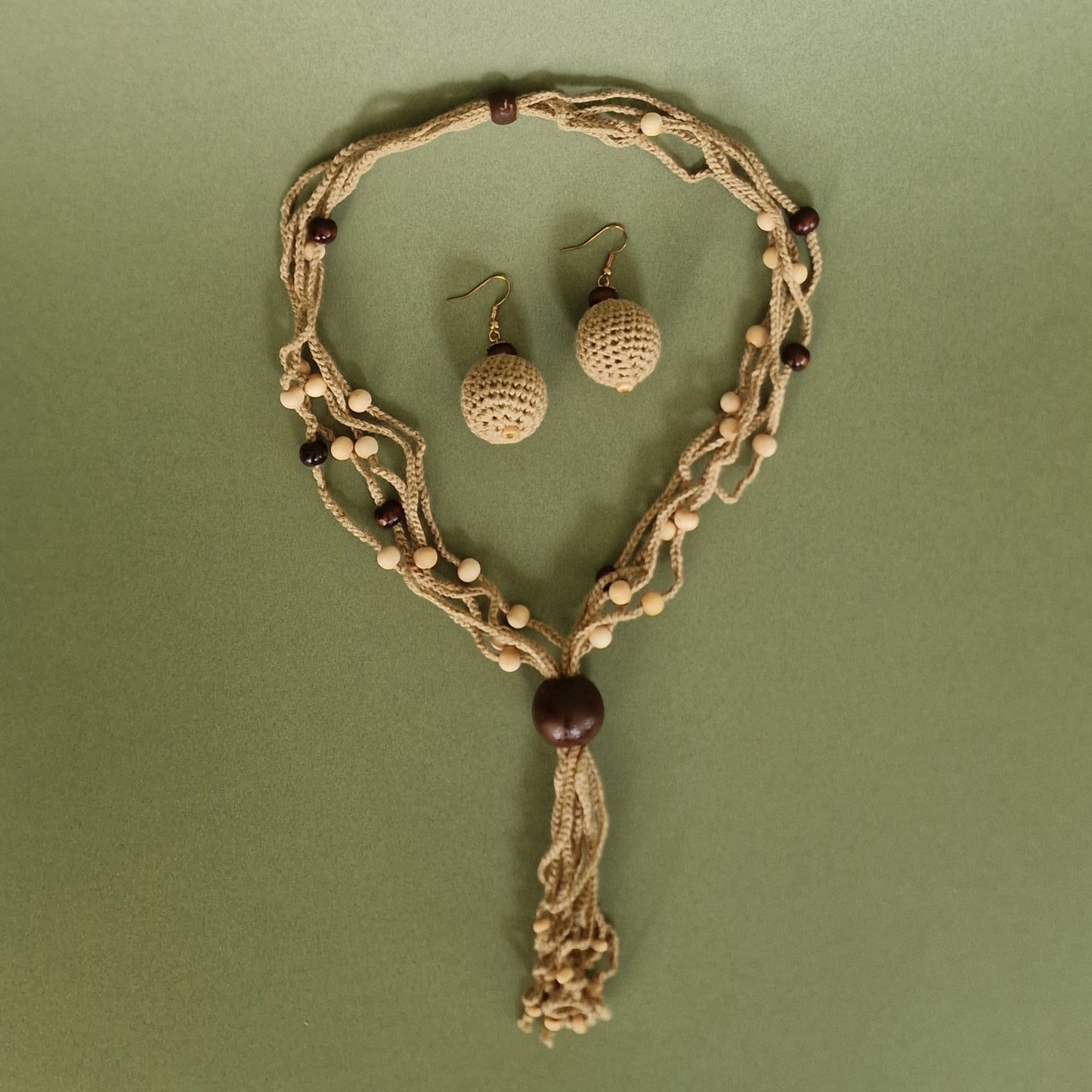 Crochet brown linen jewelry set / shorter (ALMA 117)