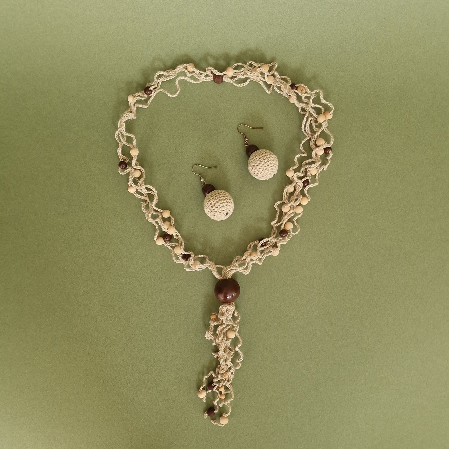 Crochet brown linen jewelry set / longer (ALMA 119)