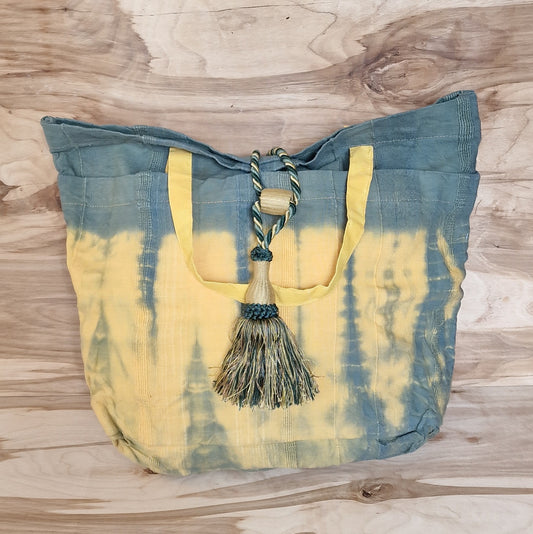Cotton fabric bag/bag - green and yellow with a tassel (RÜBÉ 20)