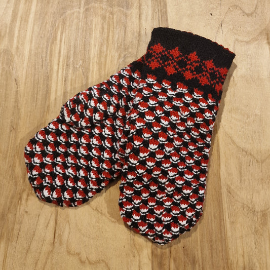 Black wool double mittens with red cone pattern (GEBA 48)