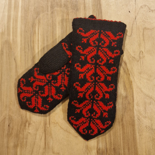 Black wool double mittens with red lilies (GEBA 74)