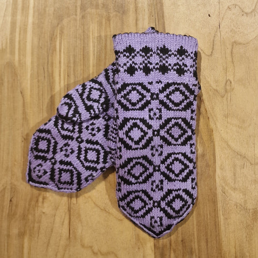 Purple wool double mittens with black diamond patterns (GEBA 79)