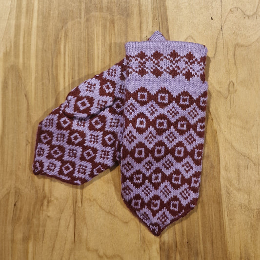 Purple wool double mittens with dark red patterns (GEBA 84)
