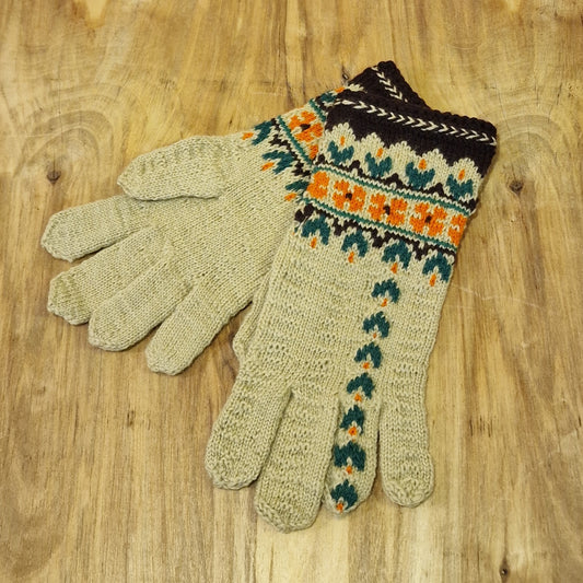 Hand-knitted light brown mittens with floral pattern (MALI 11)