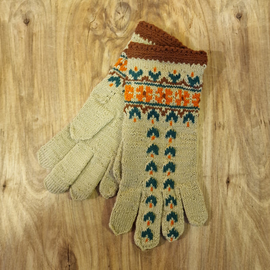 Hand-knitted light brown mittens with floral pattern (MALI 12)