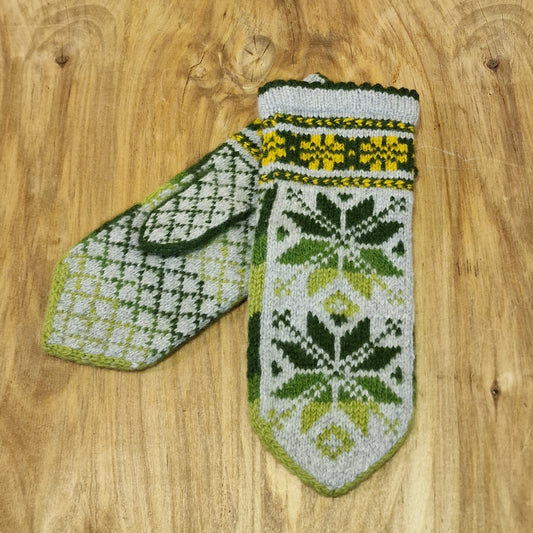 Gray woolen mittens with green ear flaps (RABE 51)