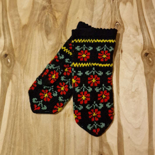 Black merino wool mittens with red flower pattern (RABE 58)