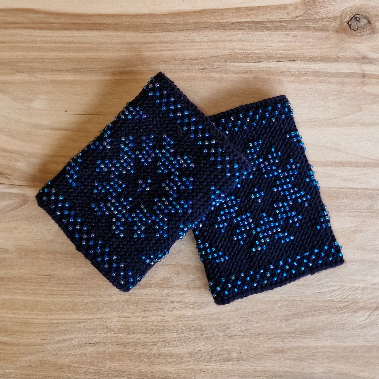 Dark Blue Merino Wool Cuffs/Pulse Warmers with Light Blue Acorns (ANLA 19)