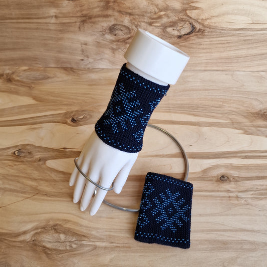 Navy Blue Merino Cuffs/Pulse Warmers with Blue-Grey Beaded Well Patterns (ANLA 21)
