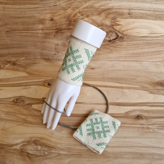 White Merino Cuffs/Pulse Warmers with Soft Green Beaded Well Marks (ANLA 22)