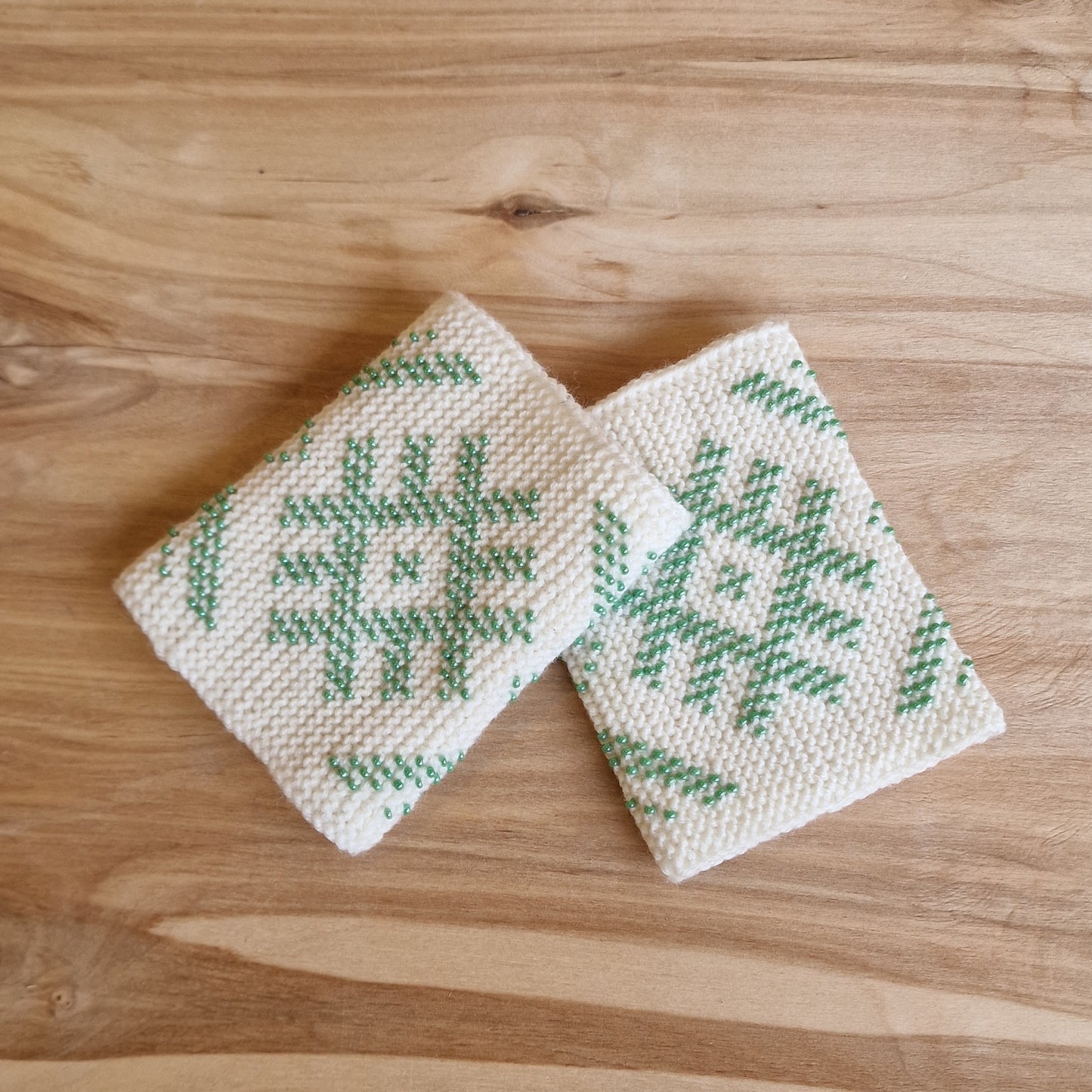 White Merino Cuffs/Pulse Warmers with Soft Green Beaded Well Marks (ANLA 22)