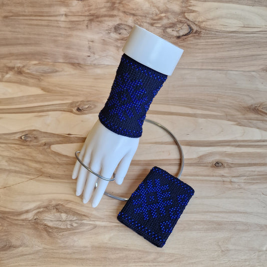 Navy Blue Merino Cuffs/Pulse Warmers with Blue Beaded Well Signs (ANLA 25)