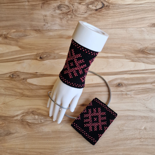 Black Merino Cuffs/Pulse Warmers with Rose Red Beaded Well Signs (ANLA 26)
