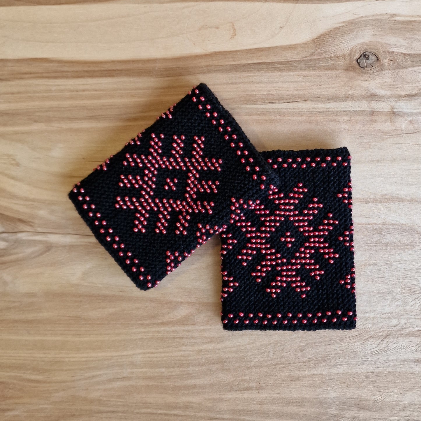 Black Merino Cuffs/Pulse Warmers with Rose Red Beaded Well Signs (ANLA 26)