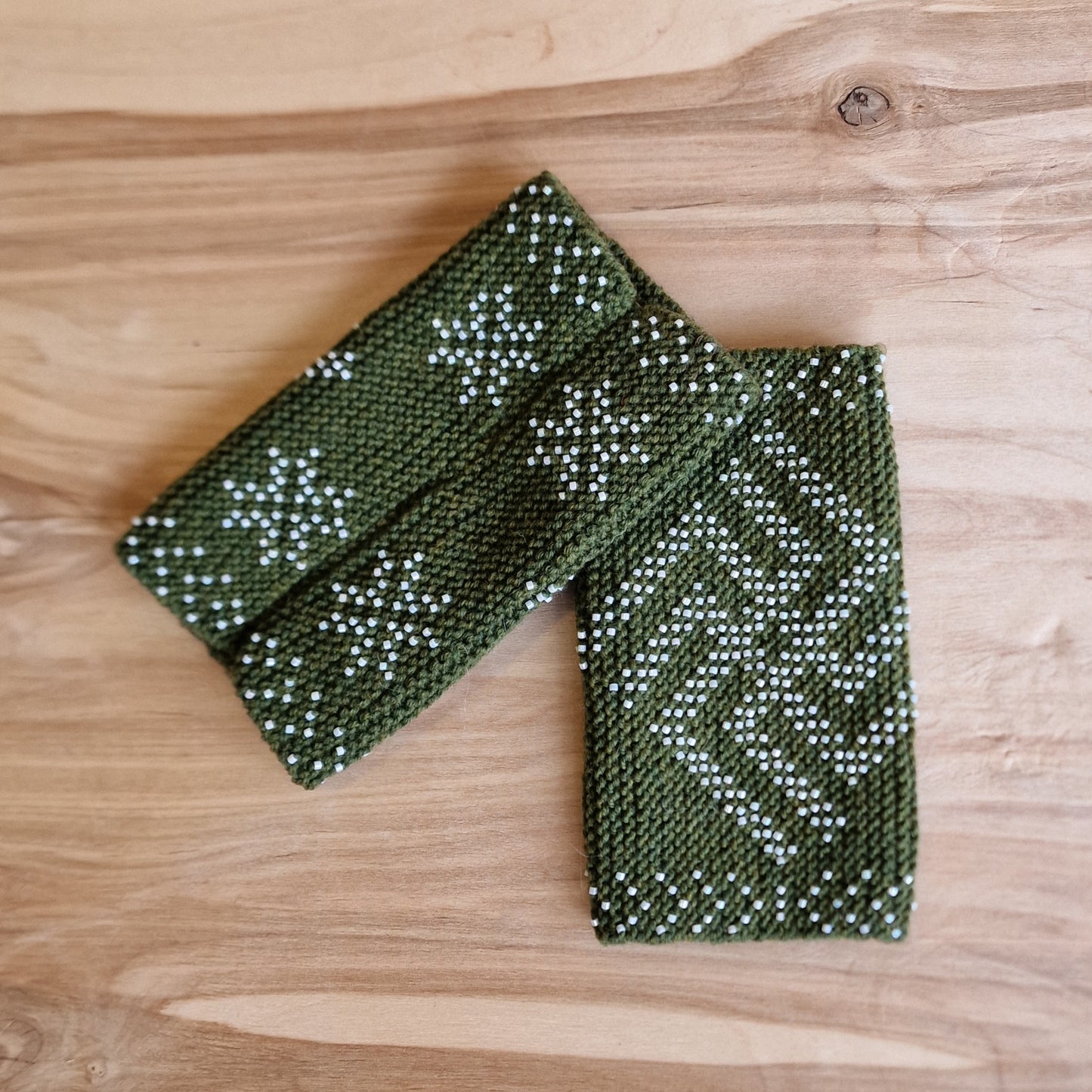 Moss Green Cuffs/Pulse Warmers with White Bead Fire Crosses (ZAMI 27)