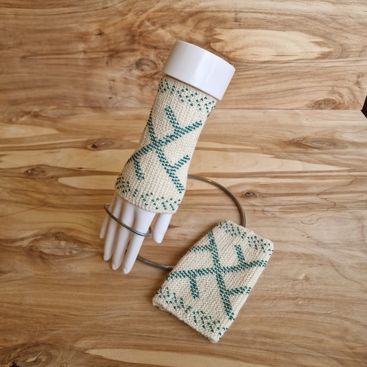 Natural White Cuffs/Pulse Warmers with Blue-Green Beaded Cross of God (ZAMI 29)