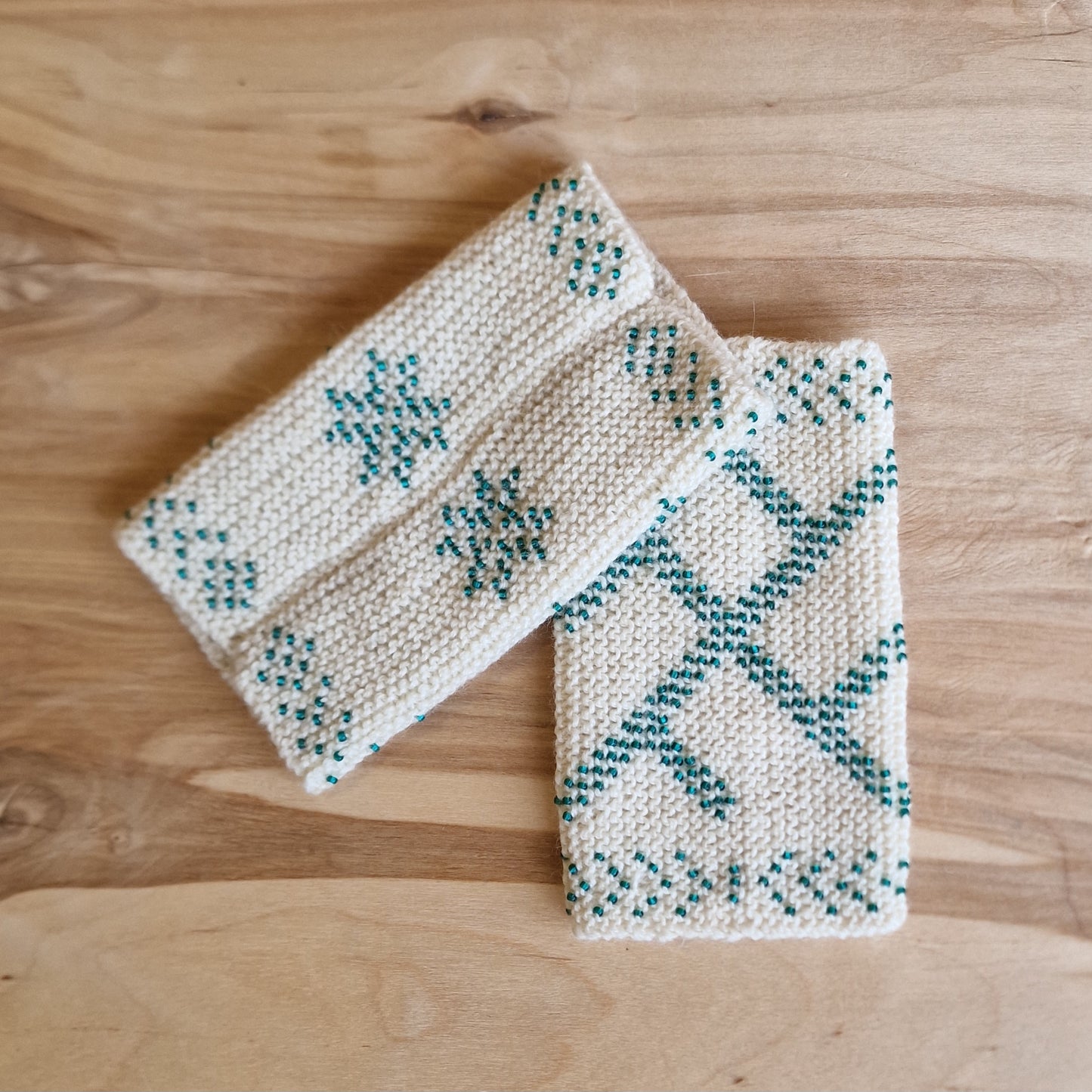 Natural White Cuffs/Pulse Warmers with Blue-Green Beaded Cross of God (ZAMI 29)