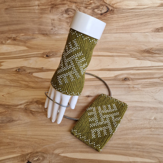 Lighter Moss Green Cuffs/Pulse Warmers with White Beaded Fire Crosses (ZAMI 31)