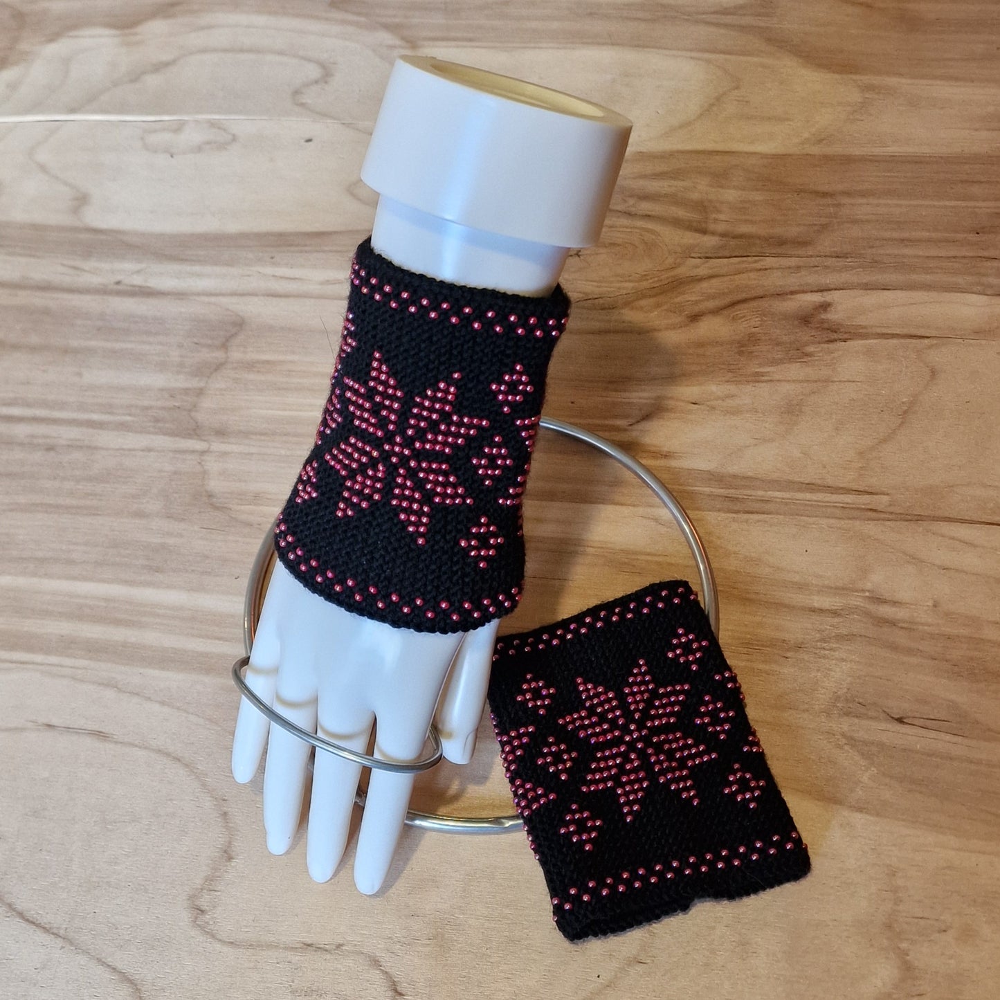 Black Merino Cuffs/Pulse Warmers with Rose Red Beaded Well Signs (ANLA 26)