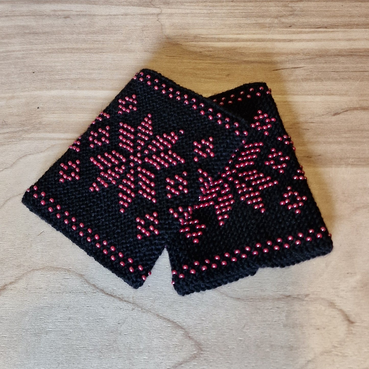 Black Merino Cuffs/Pulse Warmers with Rose Red Beaded Well Signs (ANLA 26)