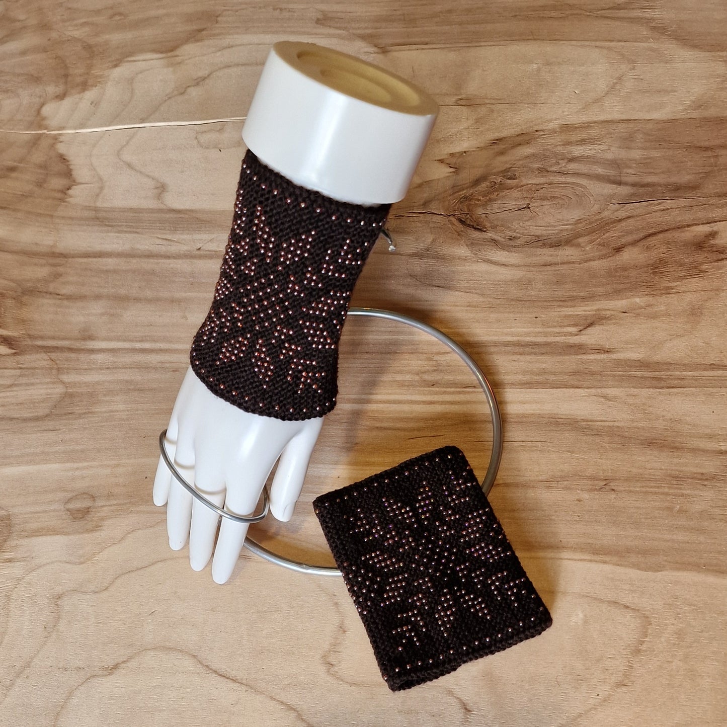 Black Merino Cuffs/Pulse Warmers with Rose Red Beaded Well Signs (ANLA 26)