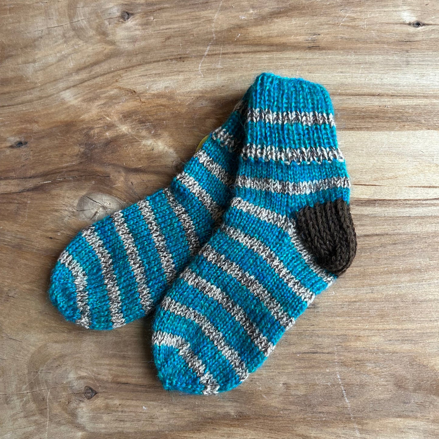 Zilganzaļas ar brūnu strīpainas vilnas zeķes bērniem 22.-24.izm. (VEZI 53)