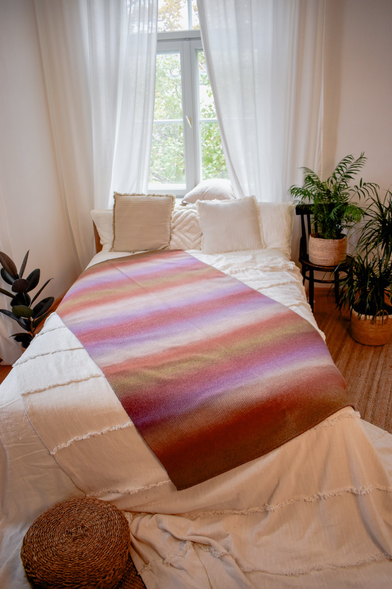 Handwoven sand/purple wool blanket / plaid (BATE 1)