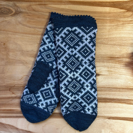 Adīti dubultie dūraiņi zili pelēkā krāsā ar ziliem rakstiem (ZIBO 5)