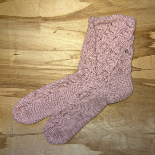 Rozā krāsas mežģīņu adījuma siltās zeķes 37.-39. izm. (SITĒ 43)