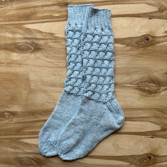 Maigi zilas garas adītas melanža dzijas vilnas zeķes ar rakstainu valnīti 38.-40.izm. (VEPA 135)