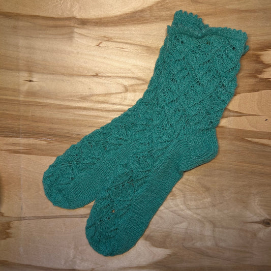 Zaļas krāsas mežģīņu adījuma siltās zeķes 37.-39. izm. (SITĒ 38)