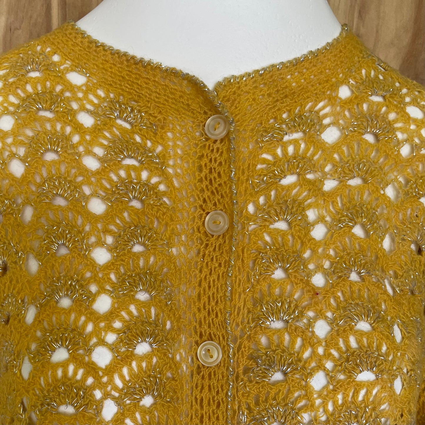 Crocheted lace jacket (S-M) in warm yellow (INKL 22)