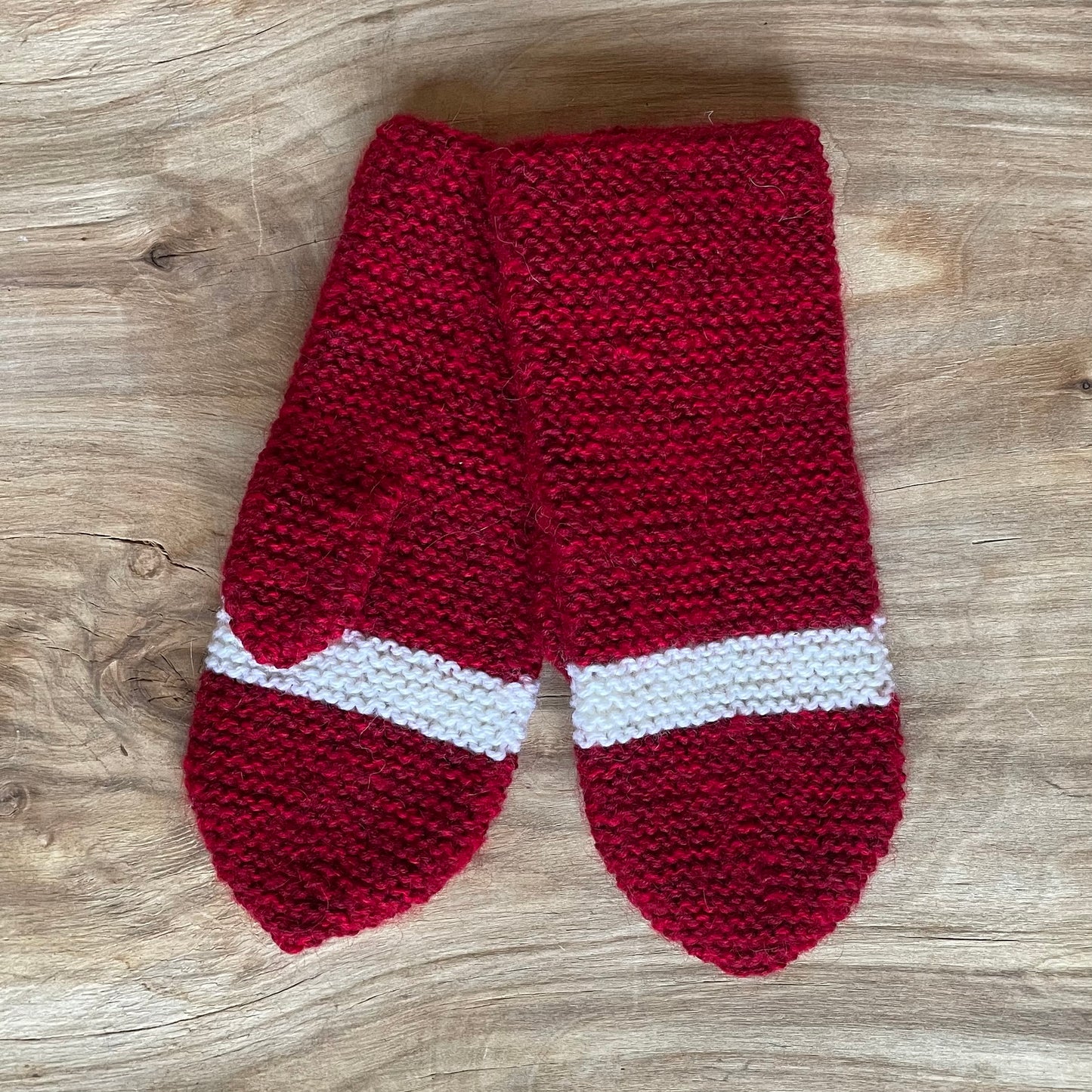 Dark red knitted mittens with white stripe (VEPA 106)