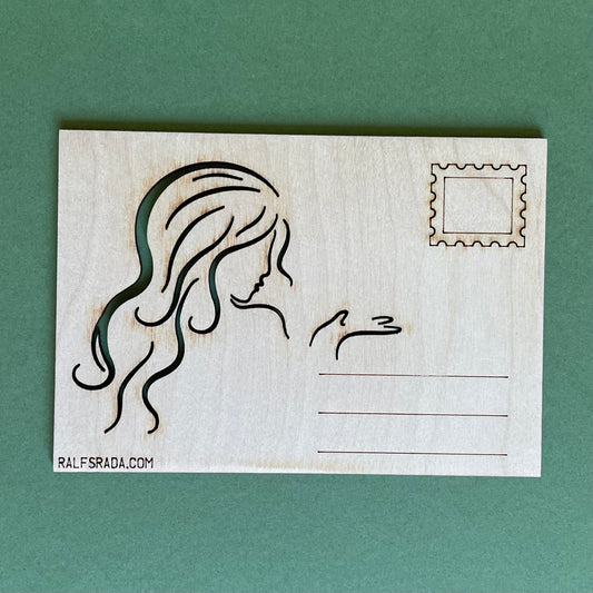 Plywood postcard with milled silhouette of a woman (RAJO 43)