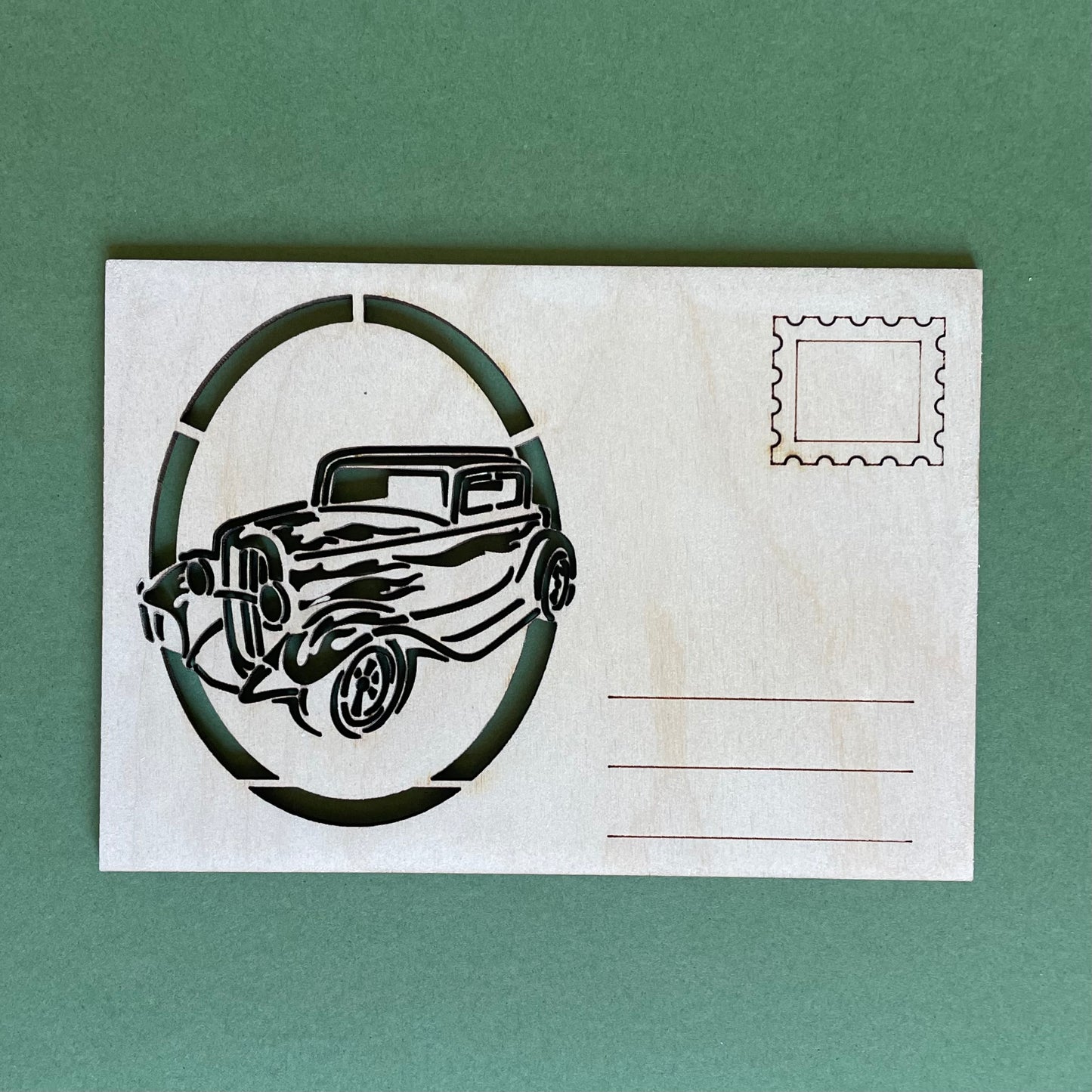 Plywood postcard with milled car and "May dreams come true" writing in Latvian (RAJO 46)