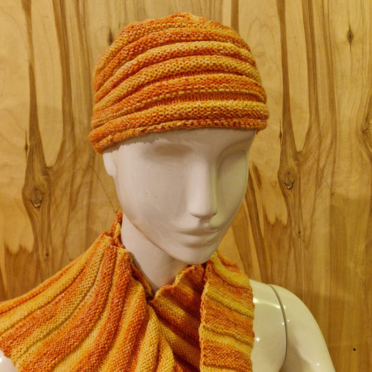 Rokām adīts komplekts šalle+cepure dzelteni oranžos toņos (RECE 41) - www.tiptip.lv 