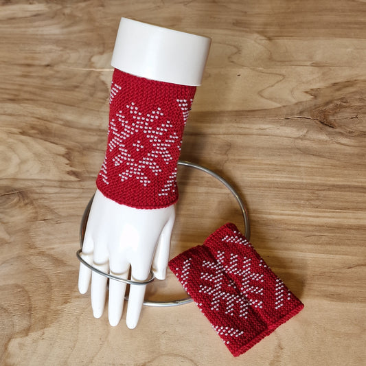 Tumši sarkani merīnvilnas mauči/pulsa sildītāji ar baltu pērlīšu akas zīmēm (ANLA 30) - www.tiptip.lv 