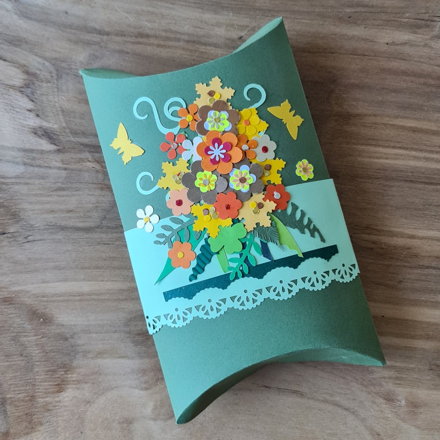 Paper gift wrapping box in muted green color with 3D decoration - bouquet of flowers in a vase and butterflies 17 x 11 cm (AMA)