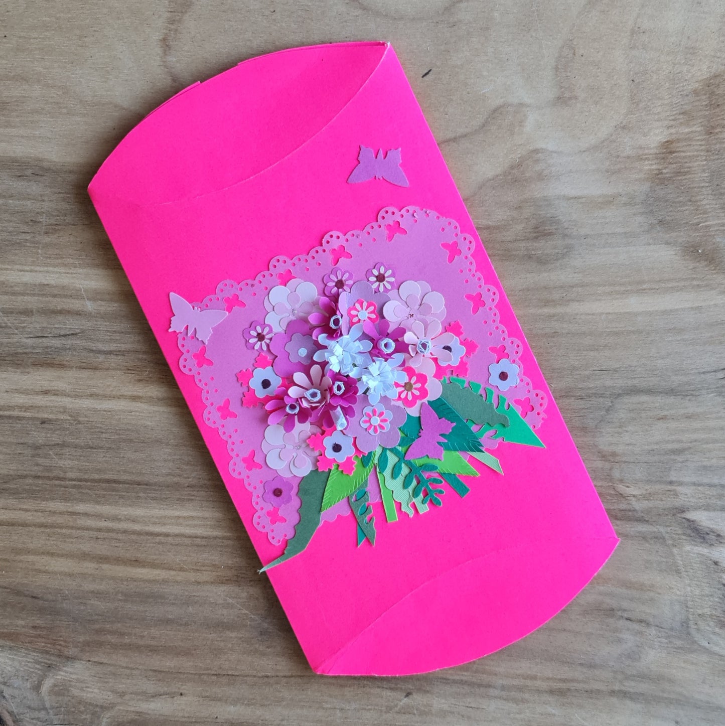 Paper gift wrapping box in bright pink color with 3D decoration - pink butterflies and flower bouquet 17 x 11 cm (AMA)