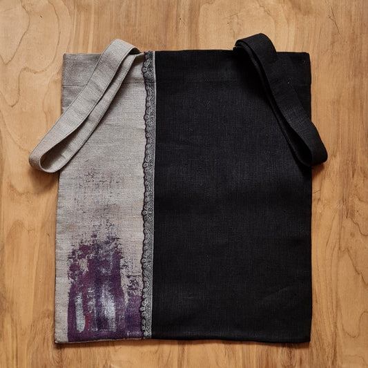 Undyed and Black Linen Fabric Shopping Bag/Bag with Vertical 2-Stripe Fabric Shift / Lace-Type Vertical Stripe / Black-Pink Tone Color Decor at Bottom and HANGING Handles at Sides (ZMI)