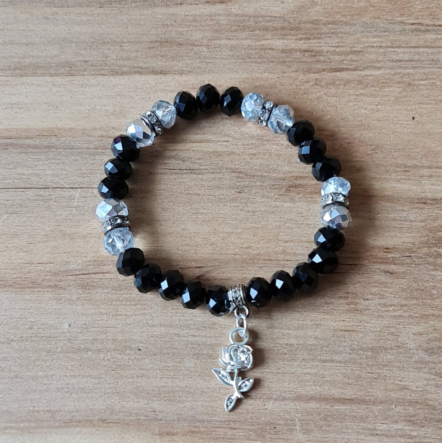 Crystal Bracelet (Clear / Silver / Black) with Silver Rose Charm (APU2)
