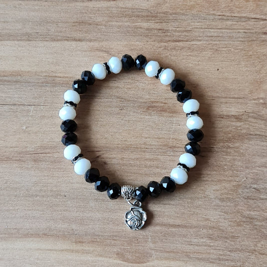 Crystal Bracelet (White / Black) with Silver Color Rose Flower Charm (APU2)