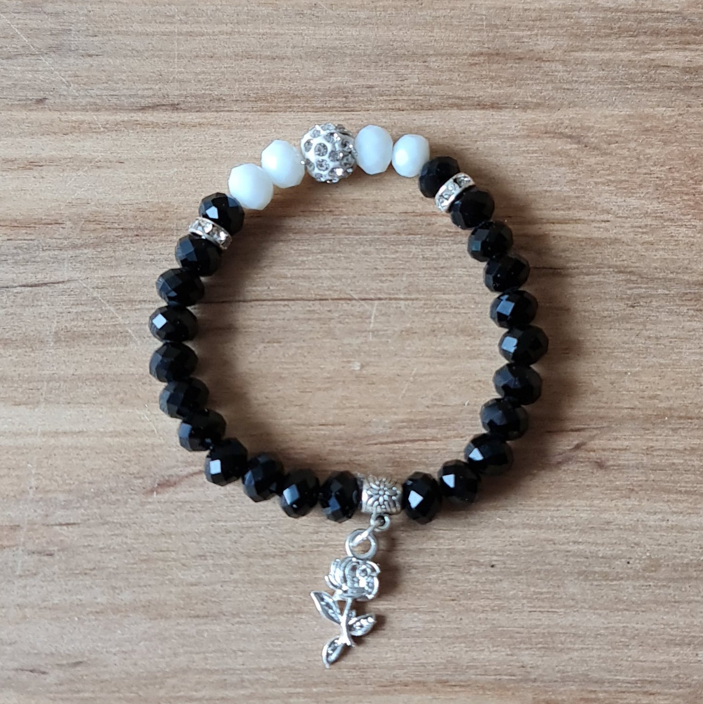 Crystal Bracelet (Black / White and Silver Crystal Accent) with Silver Rose Charm (APU2)