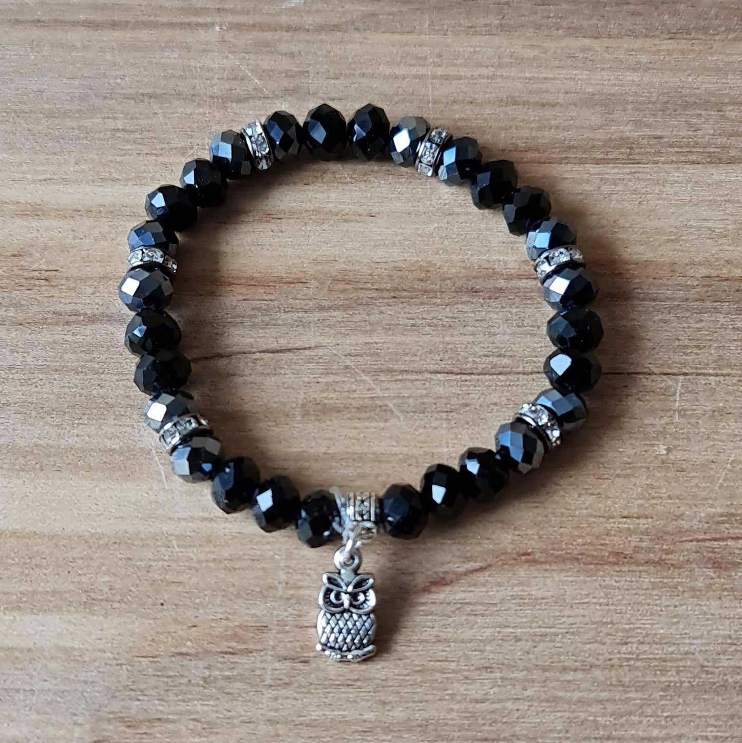 Crystal Bracelet (Black / Hematite) with Silver Owl Charm (APU2)