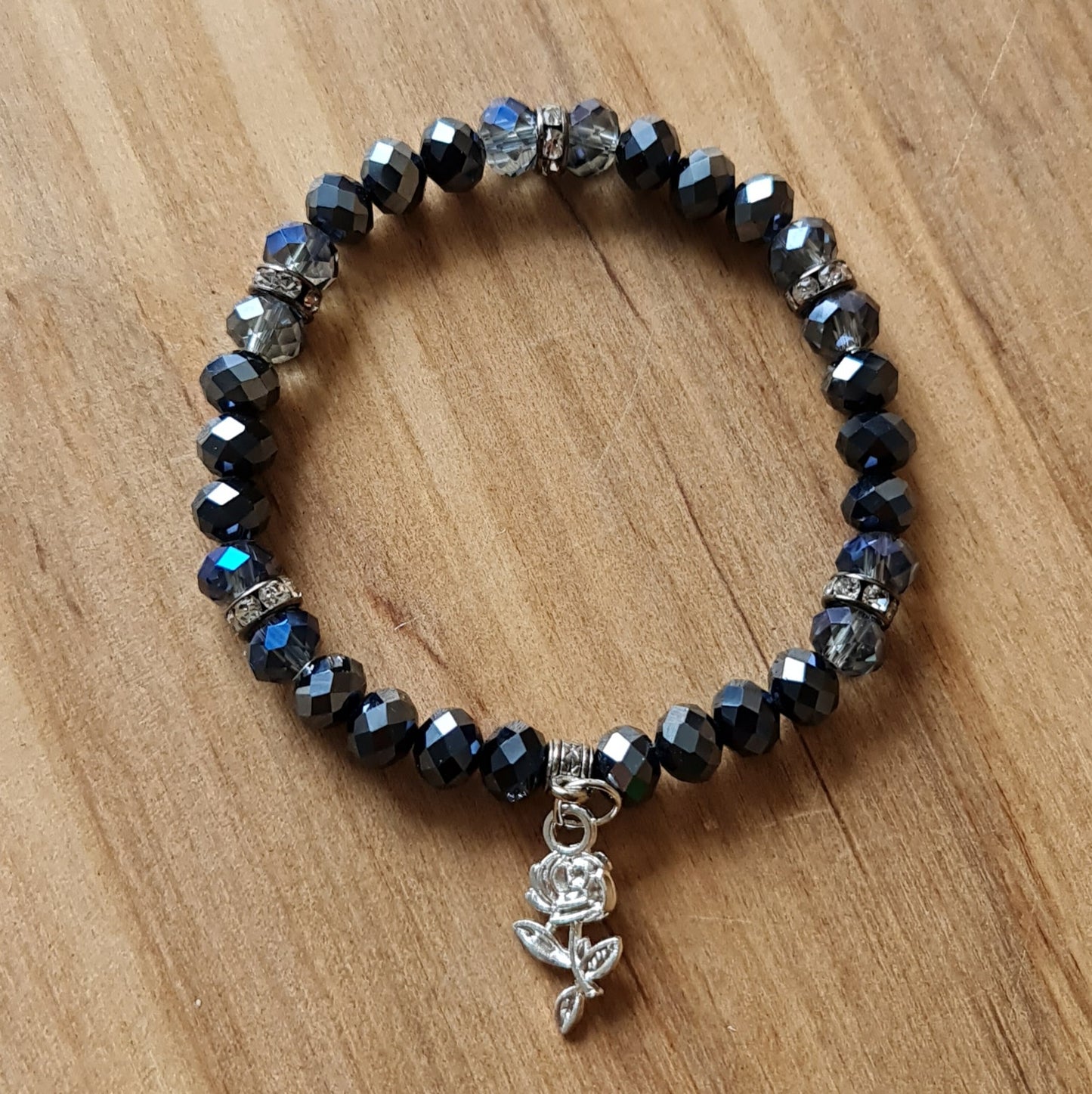 Crystal Bracelet (Hematite / Black / Silver Plated) with Silver Rose Charm (APU2)
