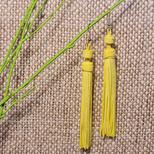 Light leather string earrings in yellow color from leather strips of the same length (length 11 cm) top row 10th from the left (JŠČ)